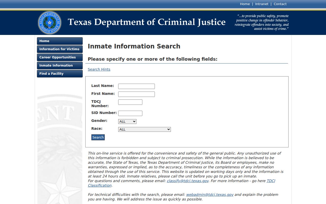 Nacogdoches County arrest record transfer search in the TDCJ inmate locator