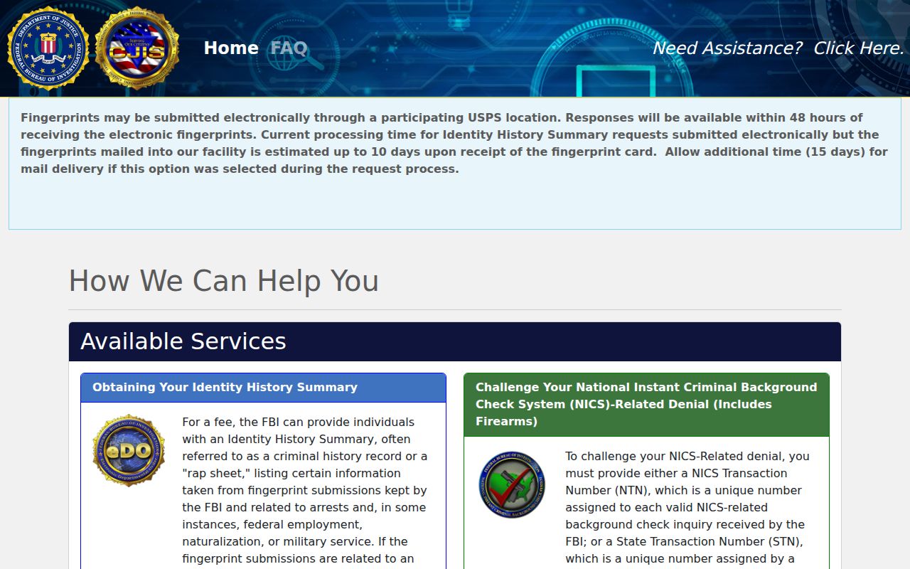 Cushing criminal records FBI identity history self-review portal