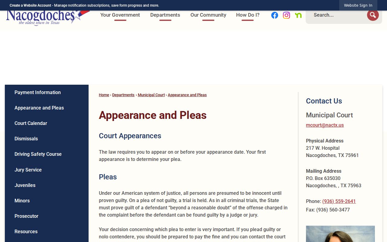 Nacogdoches Municipal Court criminal case appearance and plea instructions