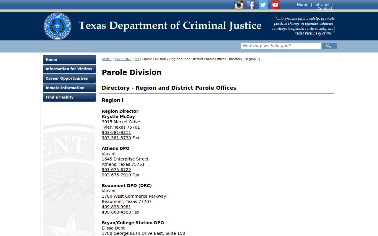 Nacogdoches County criminal history parole office directory