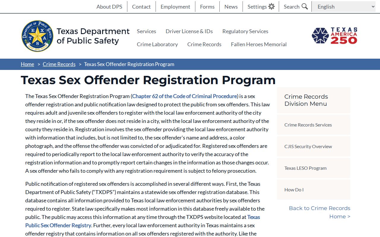 Texas registration program information for Nacogdoches County sex offender checks